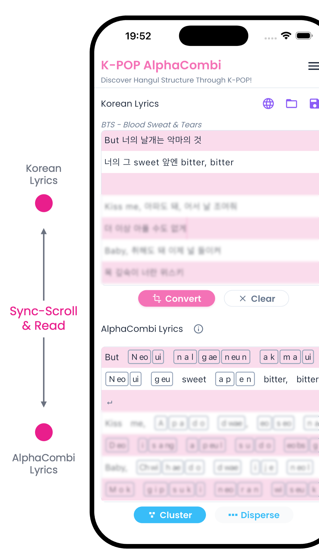 Synchronized scroll showing Korean lyrics and AlphaCombi output side by side