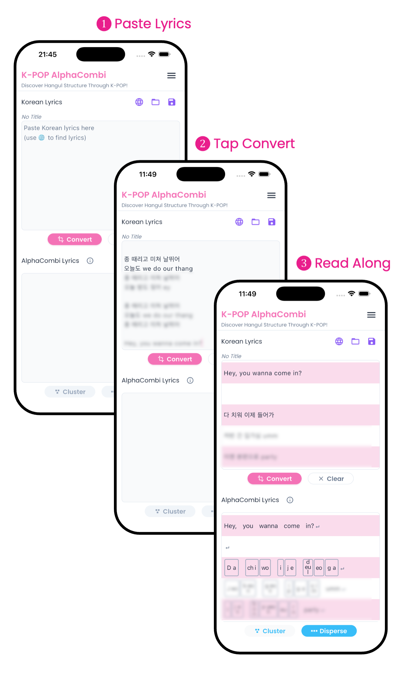 Three steps: Paste lyrics, tap Convert, read along